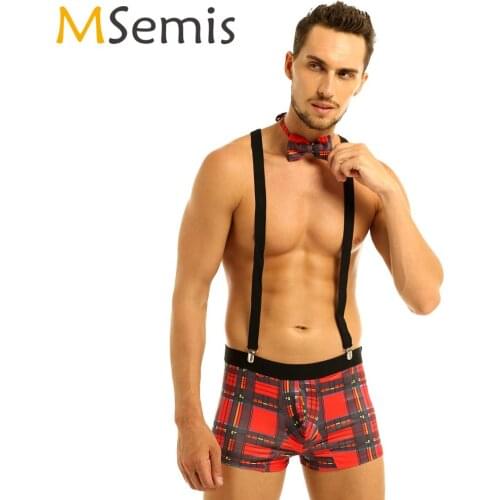 Sexy Waiter Roleplay Costumes Mens Plaid Boxer Briefs Lingerie Set Male Gay Nightclub Rave Outfit Erotic Maid Cosplay Uniforms