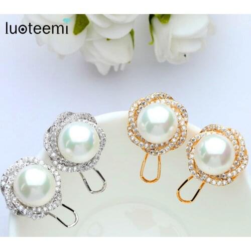 LUOTEEMI Champagne Gold-Color Pearl Earrings Uniuqe Tiny Cubic Zircon Micro Paved Women Fashion Big Statement Flower Cheap