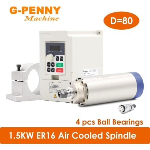 Air Cooled Spindle 1.5KW ER16 CNC Spindle Motor 220v 4 PCS bearings Wood working spindle & 1.5KW QL Inverter & 80mm Bracket