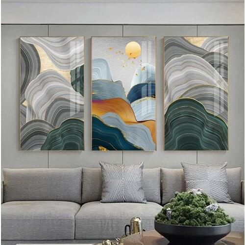 Modern Golden Green Painting Fashion Mountain Sun Annual Ring Poster Print Big Wall Art Pic for Entrance Abstract 3D Canvas Art