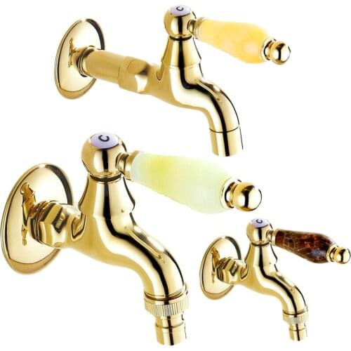 Golden Brass Jade Handle Extended Mop Pool Taps Wall Mount Single Lever Cold Water Sink Faucet