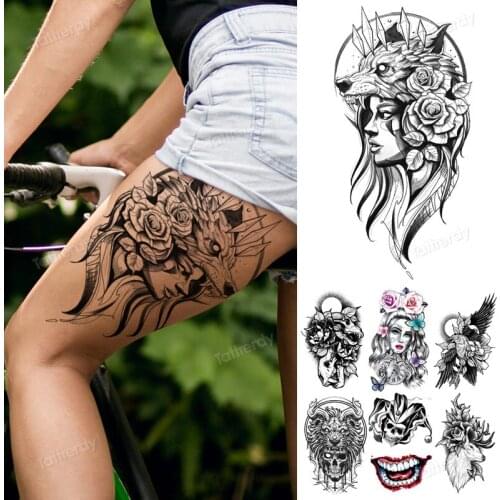 Waterproof temporary tattoo sticker women body art sexy tattoo fake wolf girl moon skull bird wing tattoo sticker black leg big