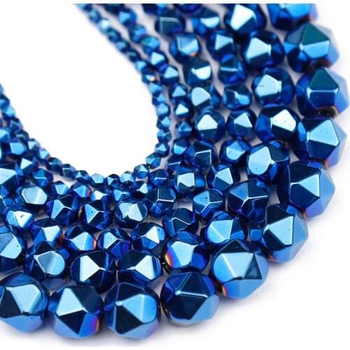 YHBZRET Natural Blue Hematite Stone 3/4/6/8/10MM Faceted Round Loose Spacers Beads for Jewelry Making Diy Bracelet Accessories