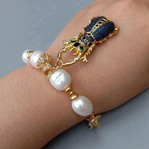 YYGEM Cubic Zirconia Pave Insect Charm Natural Freshwater Cultured White Rice Pearl Electroplated Gold Chain Bracelet 8