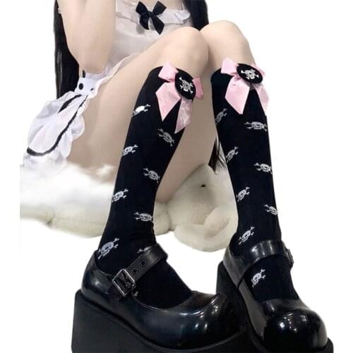 649D Japanese Lolita Women Knee High Tube Socks Harajuku Evil Skull Skeleton Printed Sweet Bowknot Gothic Cosplay Long Stockings