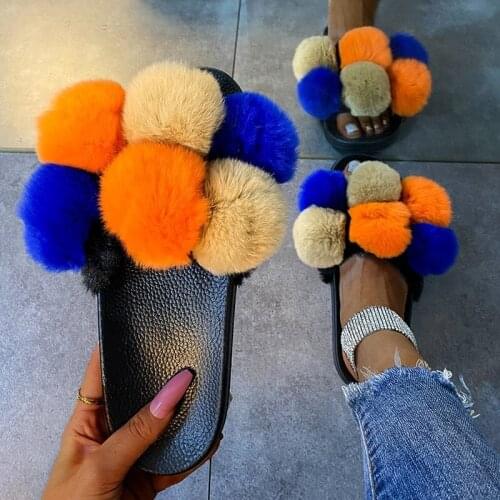 Women Fur Ball Furry Slipper Platform Flat Heel Open Toe Indoor Home Comfortable Soft Flip Flop Casual Non Slip Female Shoes