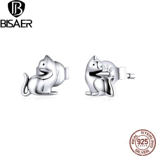Cat Earrings BISAER Authentic 925 Sterling Silver Little Cat Small Women Earrings Fashion Sterling Silver Jewelry ECE832