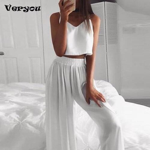 Summer Solid 2 Pieces Sets Womens Leisure Suit Spaghetti Strap Crop Top Women Set 2021 High Waist Wide Leg Pants Ladies Suits