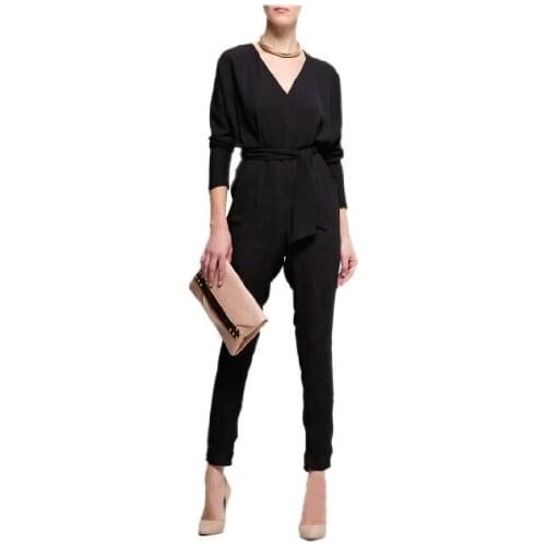 Womens High Waist Long Sleeve Black Chiffon Jumpsuit Europe Siamese pants graceful lady deep V-neckline catsuit
