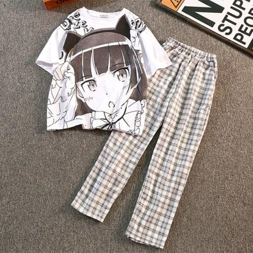 Anime T Shirts+Plaid Pants 2-Piece Sets Women Harajuku Teens Girls Casual Tracksuits 2021 Summer Japanese Students Matching Sets