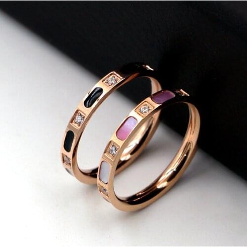 Women 2.5MM Natural Shell Thin Ring Titanium Steel Luxury Brand Crystal Ring Rose Gold Color Ring For Women Couple Jewelry R013