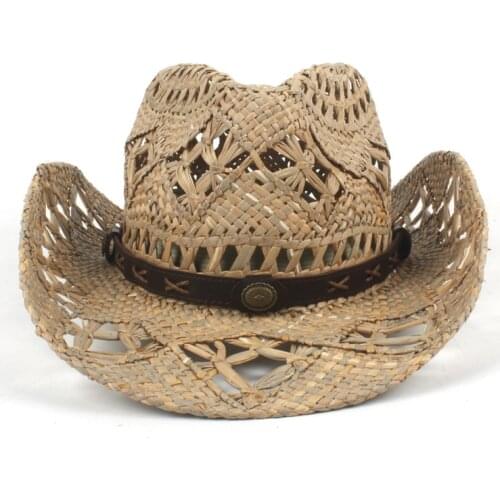 2019 100% Straw Womem Men Sun Hat Hardmade Weave Western Cowboy Hats For Summer Sun Sombrero Hombre Lifeguard Hats Size 56-58CM
