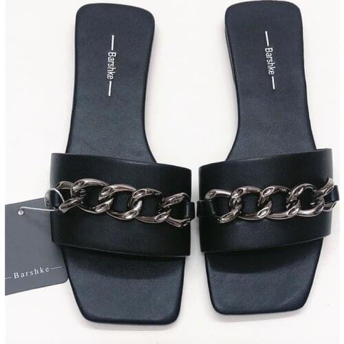 2020 summer black new sexy all-match womens shoes flat open toe chain decoration flat heel sandals and slippers size 35-42