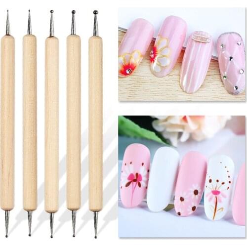 5pcs 2 Way Wooden Nail Dotting Pen Professional Nail Point Pen Crystal Beads Nail Art Design Manicure Rhinestone Picker