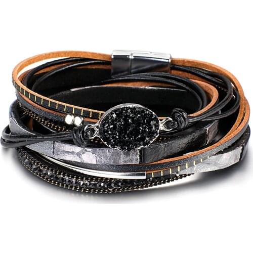 Amorcome Resin Charm Leather Bracelet for Women Fashion 2020 Crystal Multilayer Bohemian Wrap Bracelets & Bangles Jewelry Gift