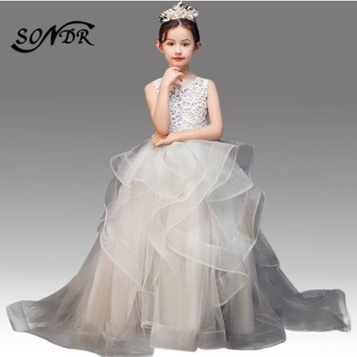 Flower Girl Dress Champagne HT068 O-neck Sleeveless Lace Pageant Dresses for Girls Tiered Runched Vestido Primera Comunion