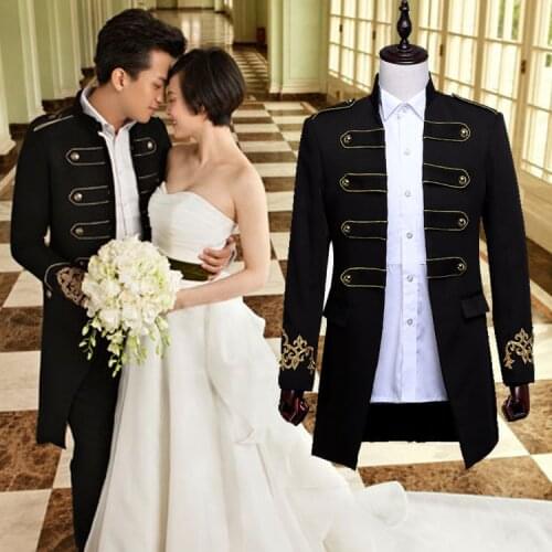Mens long slim emcee court suit wedding photo dress welcome windbreaker stage best man costume black white blue mens jacket