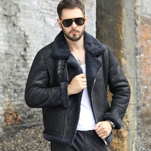 New Mens B3 Shearling Coat Black Leather Jacket Short Motorcycle Jacket Fashion Winter Coats Thicken Wool Coat
