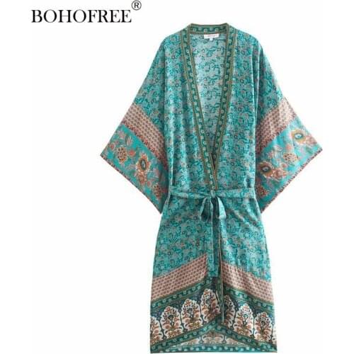 New Vintage Folk Floral Print Maxi Hippie Cover Ups Dress Bohemian Rayon Cotton Batwing Sleeve 3/4 Sleeve Long Duster Kimonos