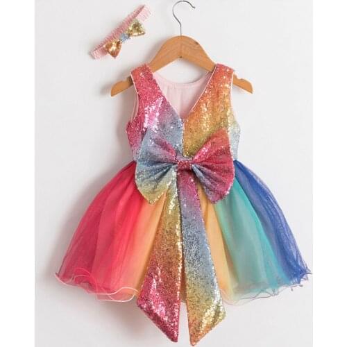 Baby Girls Rainbow Dresses Kids Toddler Wedding Party Elegant Princess Tutu Vestidos Children Sequin Big Bow Birthday Clothes