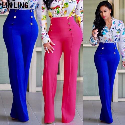 LINLING Casual Vertical Straight Pants High Waist Temperament Double Breasted Design Micro Flared Pants