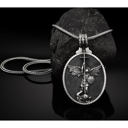 Religious Jewelry on the neck Vintage Christian Archangel Michael Mens Pendant Necklace Religious Angel Jewelry