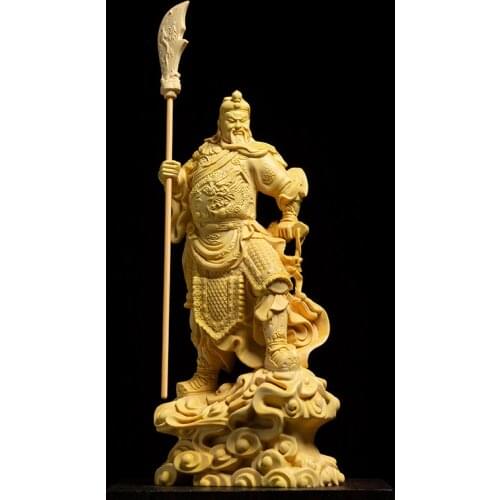 Boxwood Carving Wealth God Guanyu Statue Crafts Guan Gong Sculpture Car Buddha Decoration Home Decor