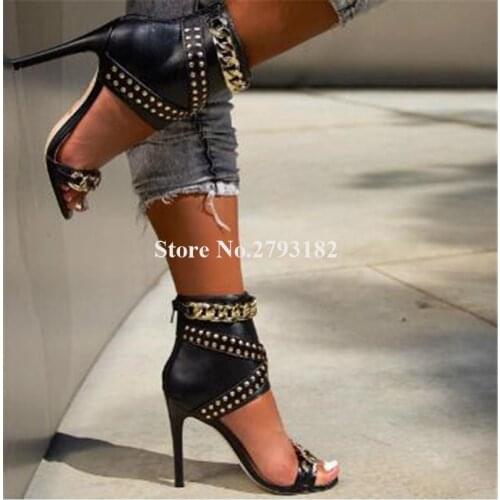 Summer New Fashion Women Open Toe Stiletto Heel Rivet Gladiator Sandals Ankle Wrap Chains Decorated High Heel Sandals