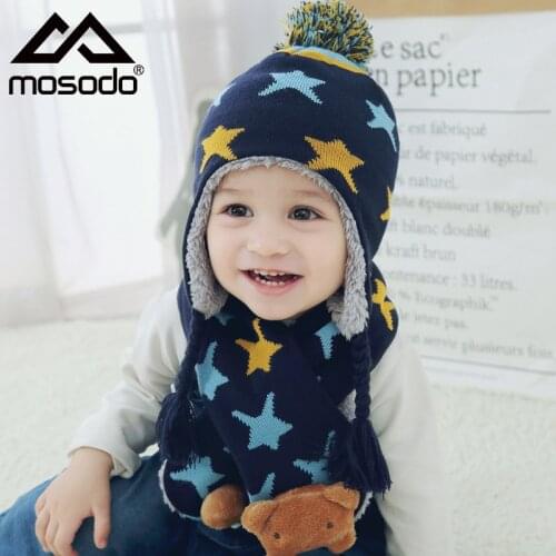 Cute Knitted Cotton wool hat Baby Hat Cap Thick Warm Baby Girl Boy Hat Beanie Winter Ear Warm Kids Bonnet Children Scarf Hat Set