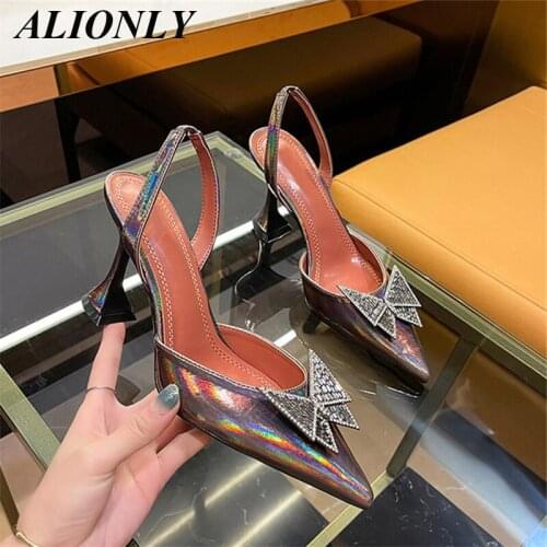 ALIONLY Champagne Pumps Pointed Toe Rhinestone Crystal High Heels for Women 2021 Summer Wedding Dress Pumps On Cup Heeled Mules