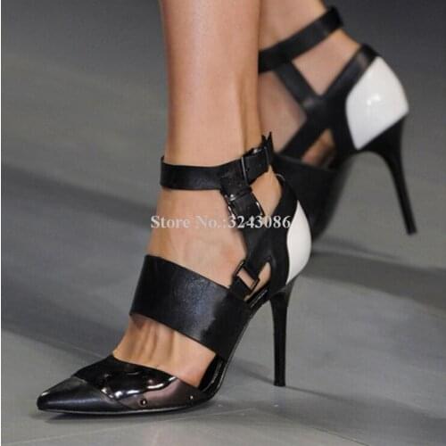 Patchwork Hollow Out Buckle Strap Stiletto Heels Pumps Lady Sexy Pointed Toe Brand Design Large Size High Heels Shoes Dropship