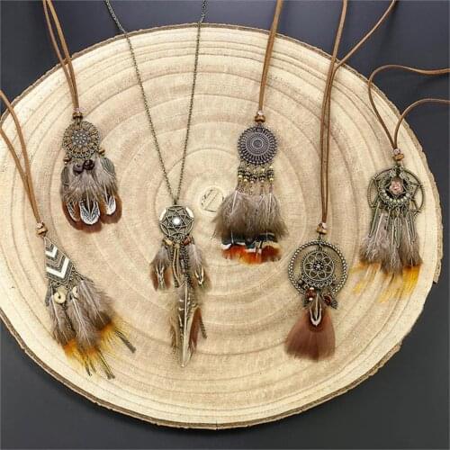 8Seasons Vintage Bohemia Dream Catcher Feather Pendants Necklace Antique Bronze Color Women Sweater Chains Party Jewelry,1PC