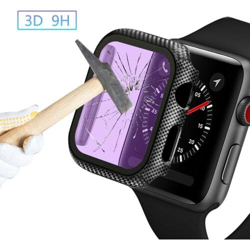 Carbon fiber pc cover for Apple Watch series 5 4 3 2 bumper frame case with Tempered glass film for iWatch screen protector 44mm