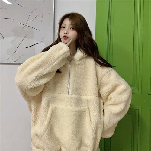 Zip-up hooded lamb wool hoodie for women with loose shaker grain and fleece thickened Ins outerwear