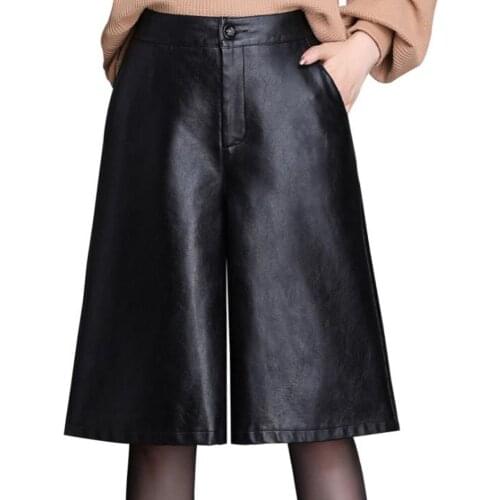 Black PU Bermuda Shorts For Women Faux Leather Shorts Stylish High Waist Shorts Streetwear Plus Size Pockets Trouser Female
