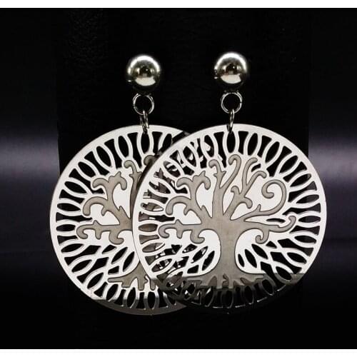 2021 Stainless Steel Tree of Life Stud Earings for Women Fashion Round Silver Color Earing Women Jewelry oorbellen E1604S02