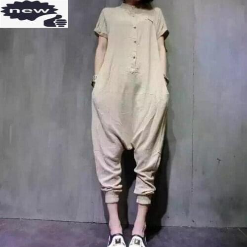 High Street Summer Women Cotton Linen Short Sleeve Overalls Cross-pants Loose Single Breasted Casual Jumpsuits Rompers