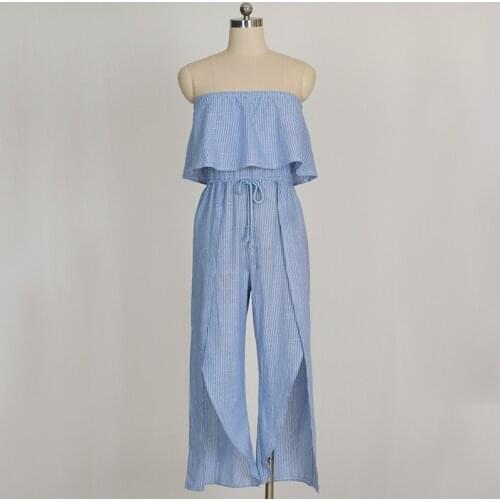 Striped Print Jumpsuits for Women Strapless Off Shoulder Ruffles Front Split Casual Ankle-Length Pants Overalls Beach Playsuit