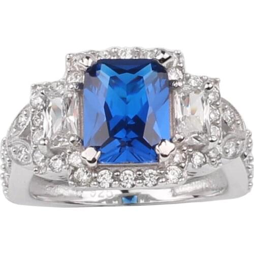 Womens Luxury Genuine 925 Sterling Silver Ring Crystal Surrounded Jewelry 7x9mm Rectangular Stone R057