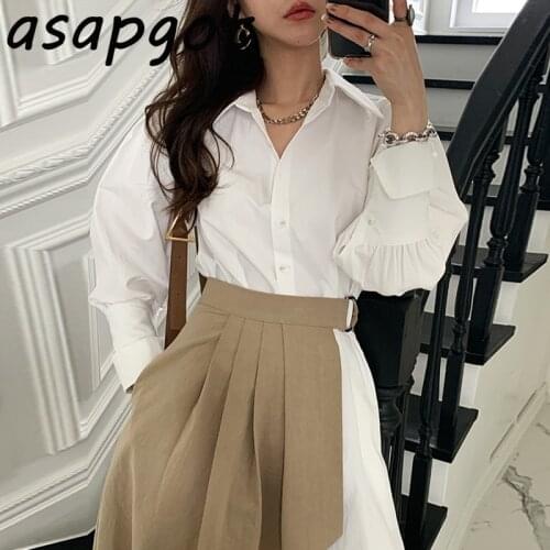 Korea Chic Wild Lapel Single Breasted Irregular Shirt Dress High Waist Irregular Pleated Skirts Casual Retro Fashion Office Lady