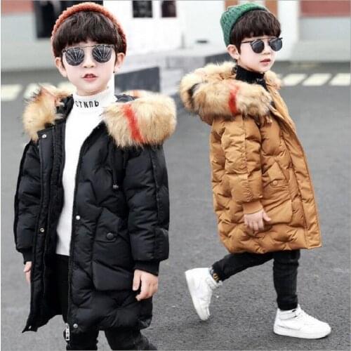 Winter Boy Long Fashion Thicken Cotton-Padded Coat Children Outwear Fur Collar Hand-Stuffed Hooded Jackets For Boys 4-13 Years