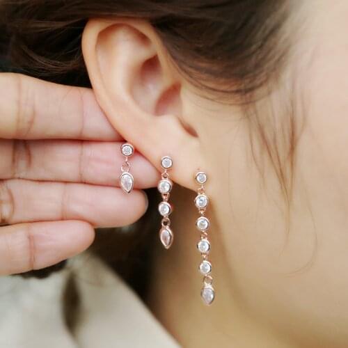 2019 trendy rose color water drop long earrings for women paved shiny cz three type available elegant jewelry for wedding gift