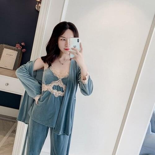 3 Pcs Women Pajamas Set Gold Velvet Sleepwear Female Warm Winter Home Clothes Sexy Lace Casual Robe Sets With Chest Pads