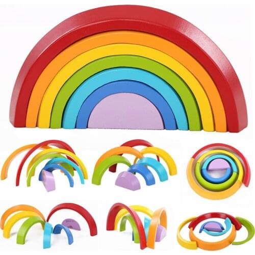 7Pcs Wooden Rainbow Stacker Building Blocks Baby Wood Balance Blocks Jenga Toys Montessori Educational Wooden Toys for Kids Gift