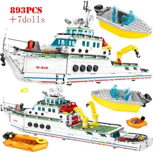 893PCS City Police Sea Emergency Rescue Ship Building Blocks Special Troops Boat Figures Bricks Boys Educational Toys Gifts
