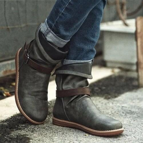 Autumn Winter Women Shoes Flat Boots Buckle Solid Color Casual Soft Ladies Ankle Boots Retro Comfort Shoes Booties for Females