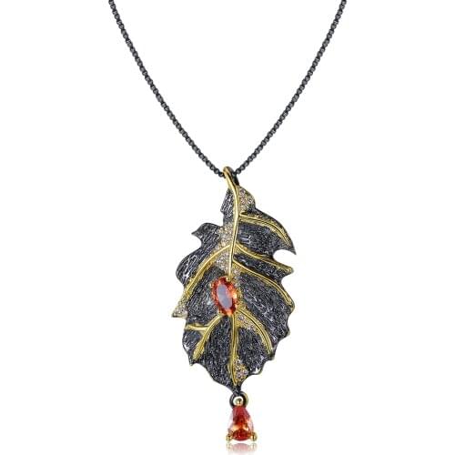 CIZEVA Womens Bohemia Retro Two Tone Leaf Inlay Zircon Pendant Necklace Temperament Jewelry Autumn Sweater Chains Necklace