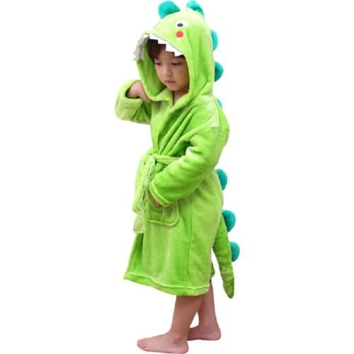 Kids Plush Hooded Bathrobe - Dinosaur Flannel Fleece Robe For Boys