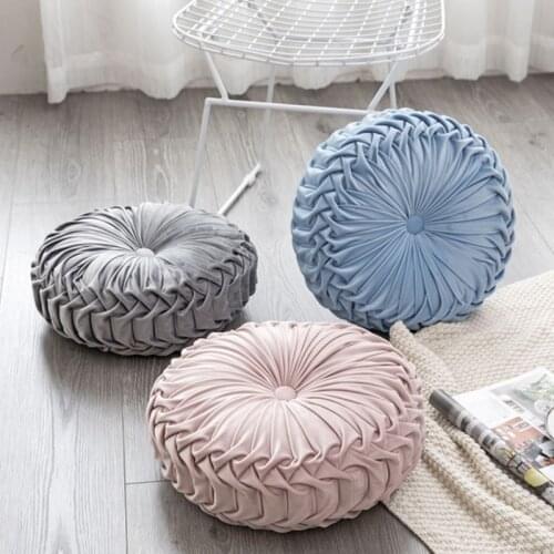 European Style Round Solid Color Cushion Pouf Throw Velvet Pleated Home Textile Soft Comfortable Sofa Pillow Back Cushion