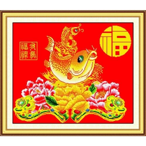 Ferro have fish cross stitch kit Chinese style red 18ct 14ct 11ct print canvas stitching embroidery DIY handmade needlework